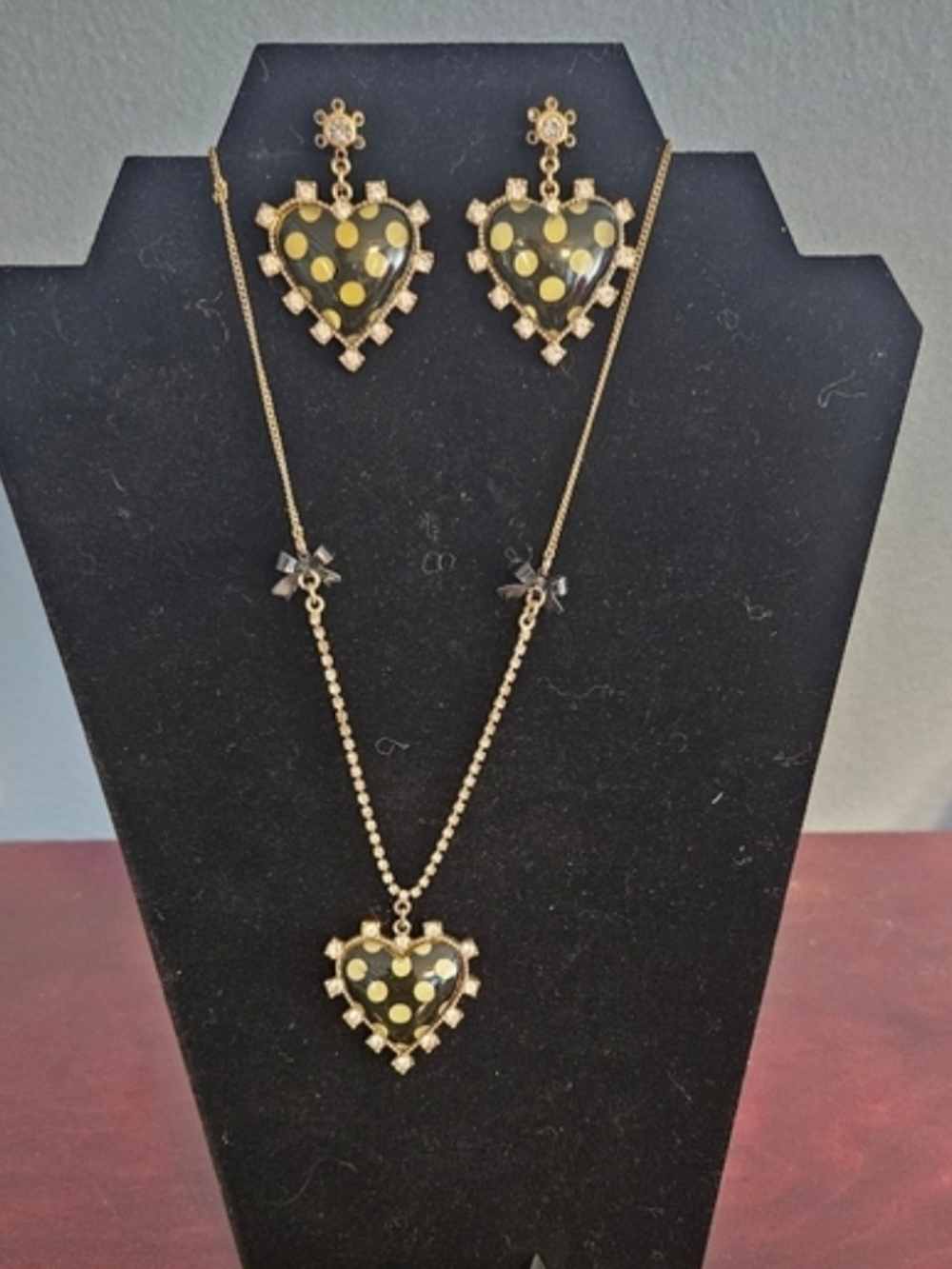 Betsey Johnson Black and Gold Polka Dot Heart Necklace & Earring Set